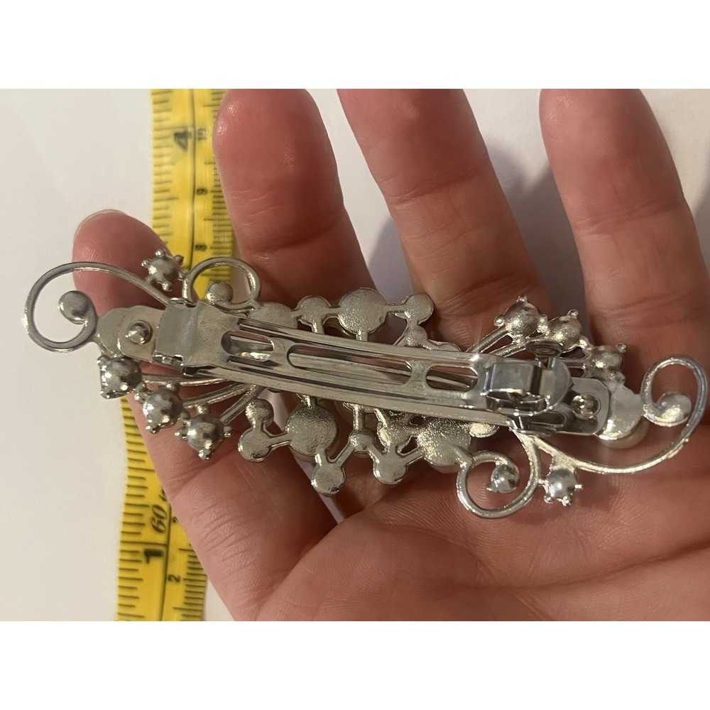 Vintage Simulated Pearl Clear Rhinestone Ornate Silver Tone Hair Barrette - Picture 6 of 9